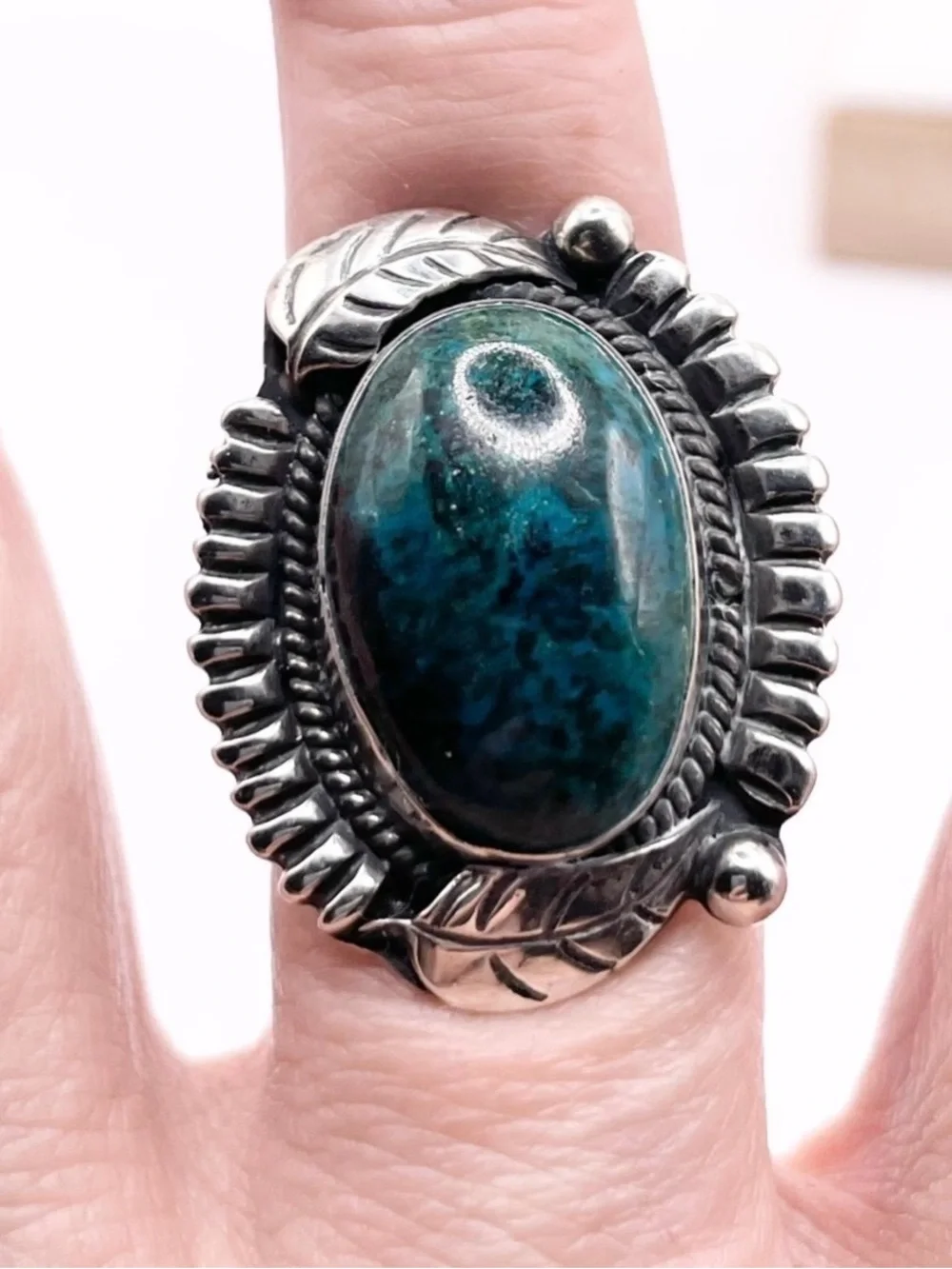 Size 7 925 Sterling Silver Teal Chrysocolla Statement Ring